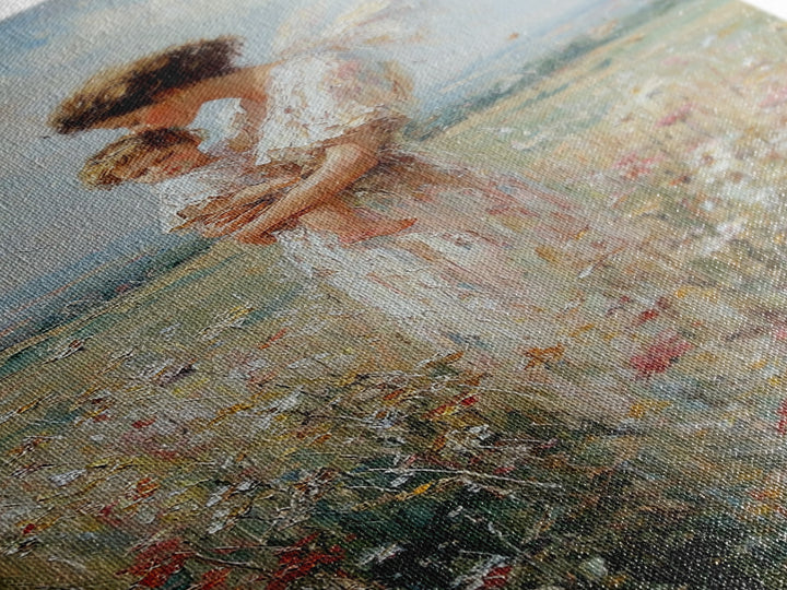 Guardian Angel Holding Child Wall Art, Wildflower Meadow Oil Painting, Christian Nursery Decor, Spiritual Gift For Mom, Fine Art