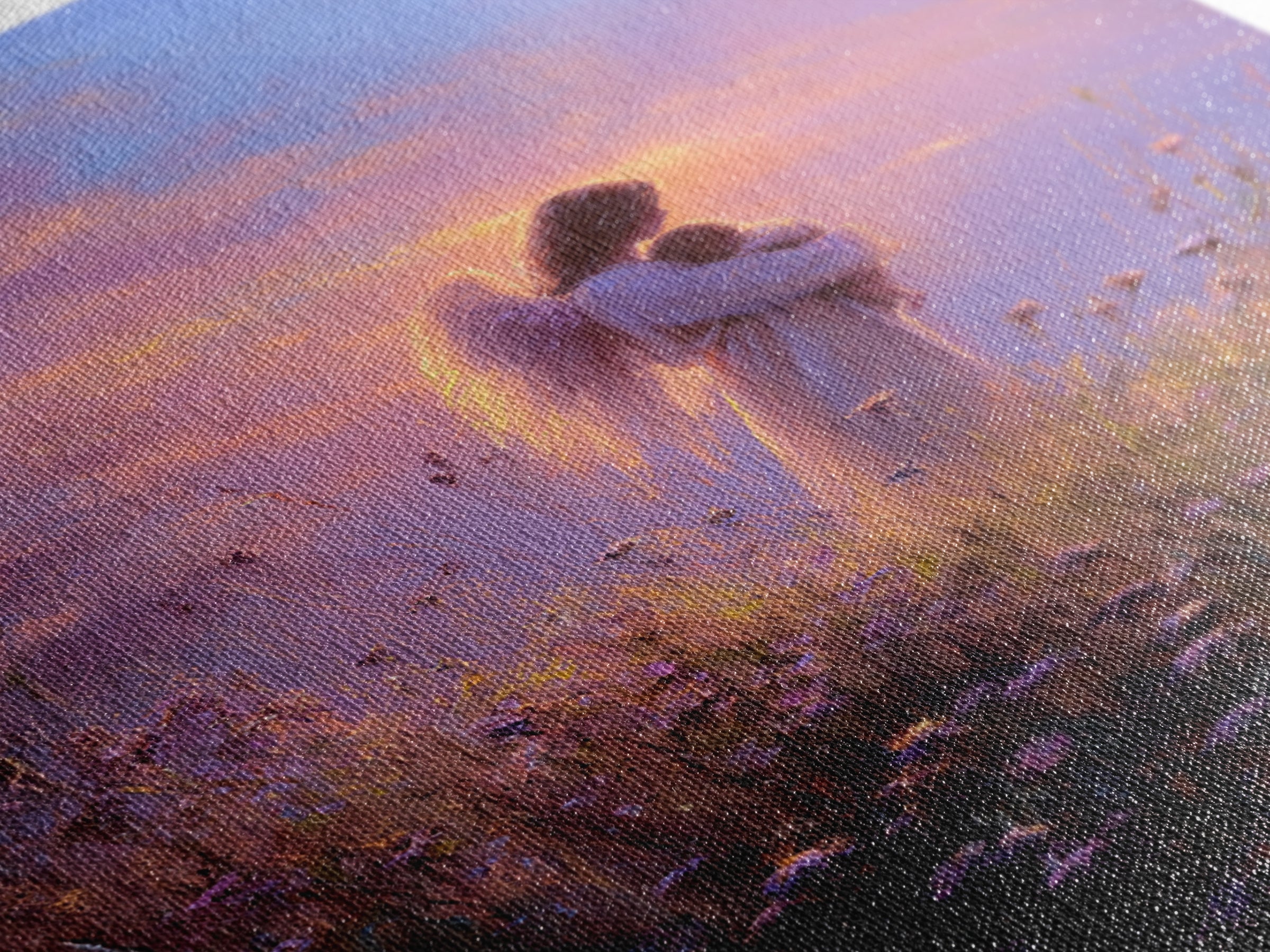 Angel Mother Cradling Baby Framed Canvas Print, Lavender Sunset Meadow Painting, Spiritual Wall Art, Nursery Decor, New Mom Gift