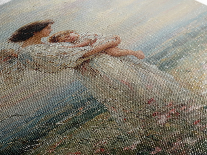 Guardian Angel Mother Holding Baby In Wildflower Meadow Wall Art, Christian Nursery Decor, Motherhood Gift, Fine Art Print