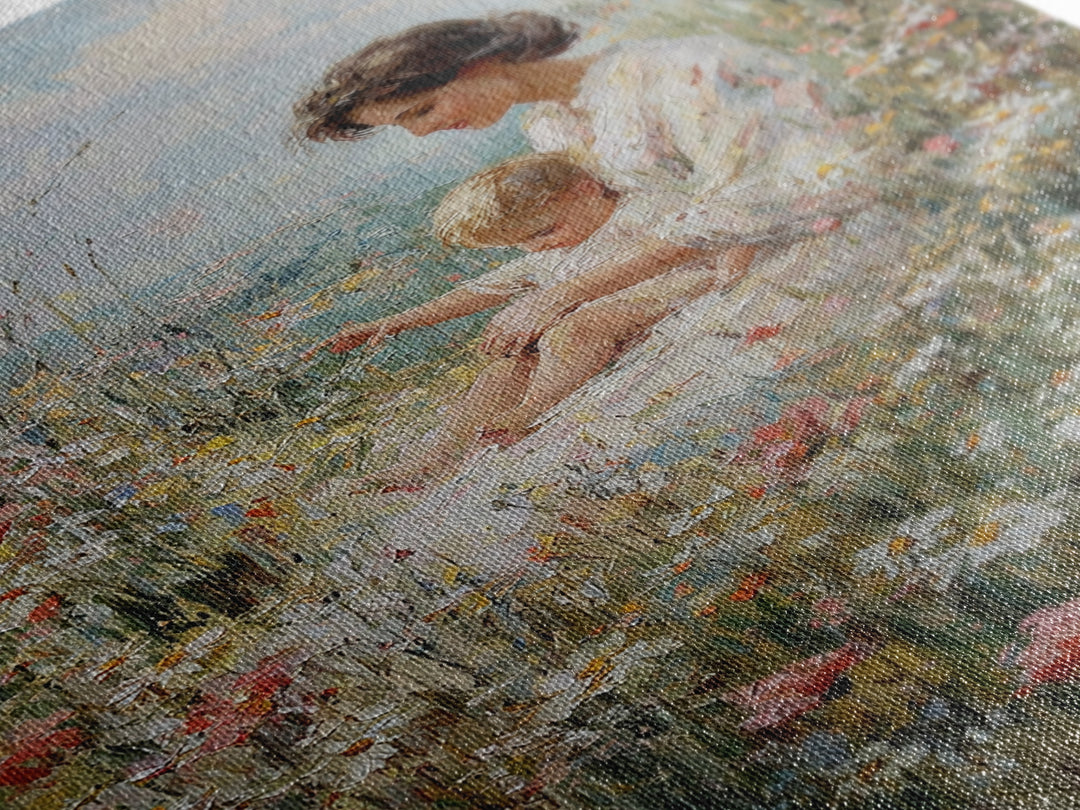 Mother And Child Resting In Daisy And Poppy Meadow Wall Art, Impressionist Floral Decor, Nursery Art Print, Gift For Mom