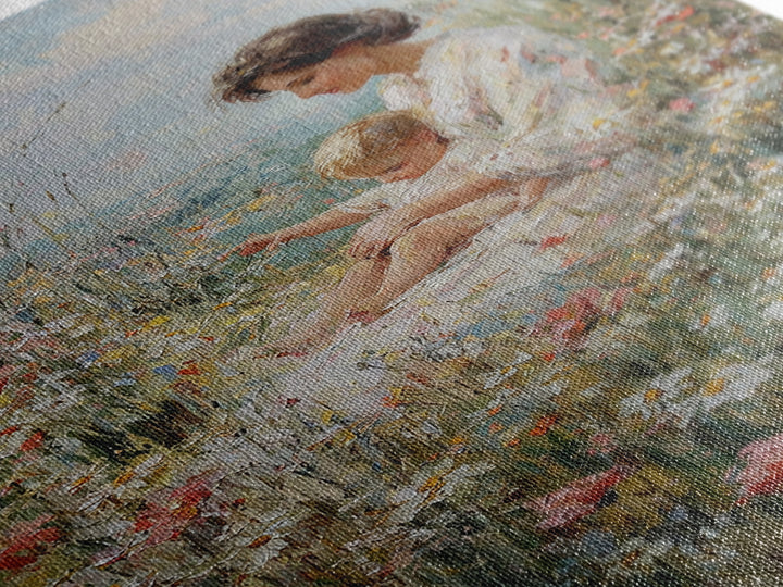 Mother And Child Resting In Daisy And Poppy Meadow Wall Art, Impressionist Floral Decor, Nursery Art Print, Gift For Mom