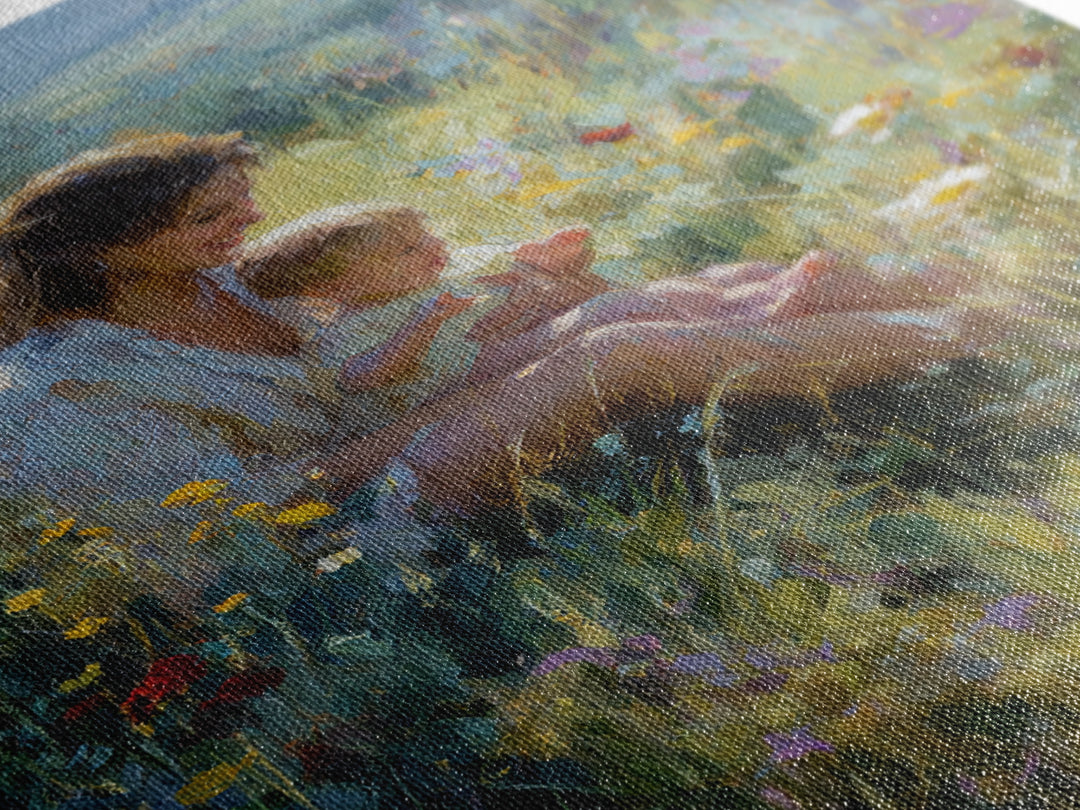 Glowing Mother And Baby In Mountain Wildflower Meadow Wall Art, Impressionist Landscape Decor, Nursery Art, Gift For Mom