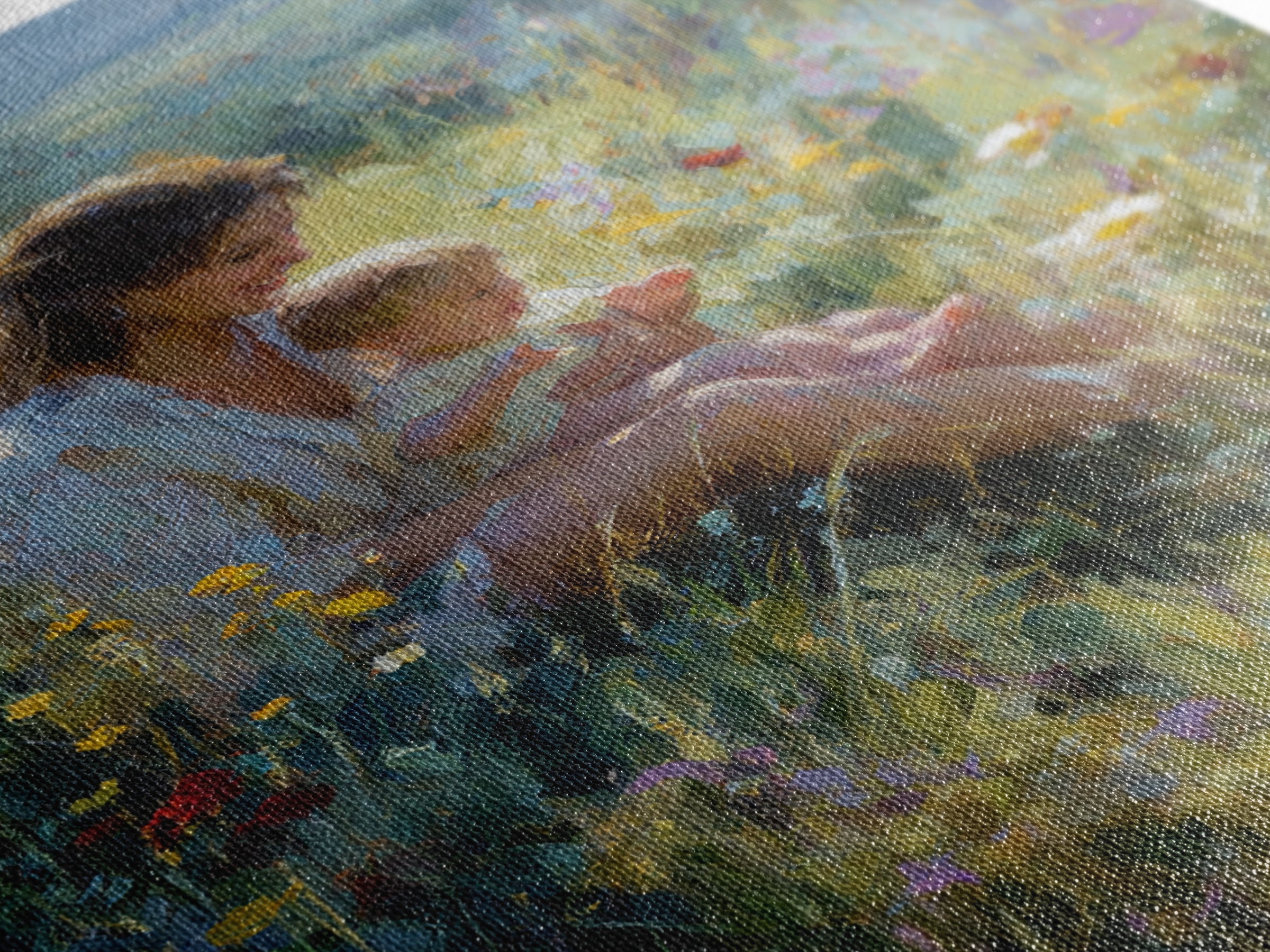 Glowing Mother And Baby In Mountain Wildflower Meadow Wall Art, Impressionist Landscape Decor, Nursery Art, Gift For Mom