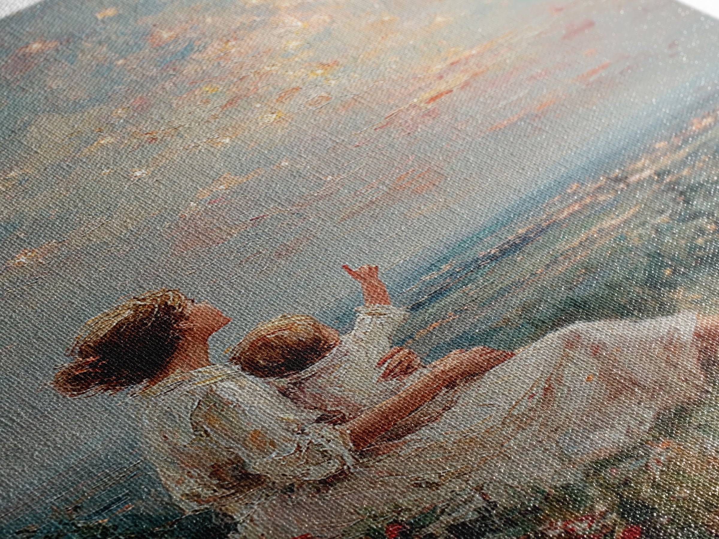 Mother And Child Under Sparkling Sky Wall Art, Impressionist Meadow Landscape Print, Nursery Decor, Gift For Mom, Living Room Decor