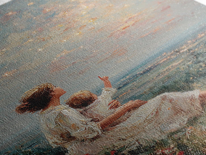 Mother And Child Under Sparkling Sky Wall Art, Impressionist Meadow Landscape Print, Nursery Decor, Gift For Mom, Living Room Decor