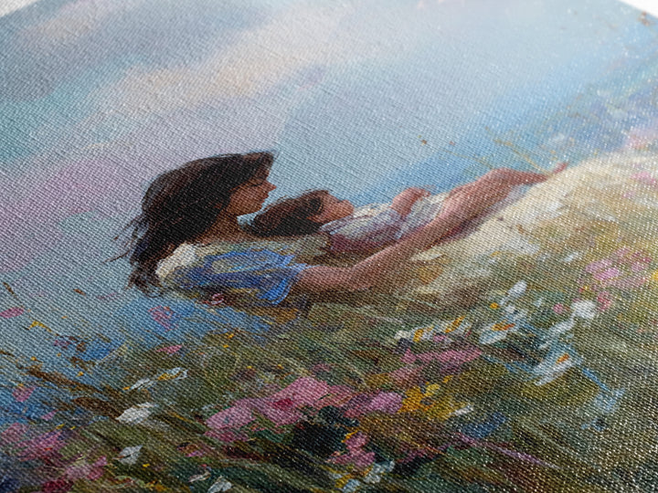 Mother Holding Baby In Wildflower Meadow Canvas Print, Impressionist Floral Wall Art, Nursery Decor, Gift For Her, Mothers Day Gift