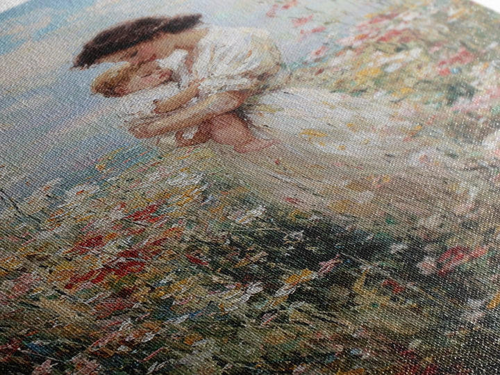 Mother Holding Baby In Sunlit Wildflowers Framed Canvas Print, Impressionist Floral Wall Art, Motherhood Gift, Nursery Decor