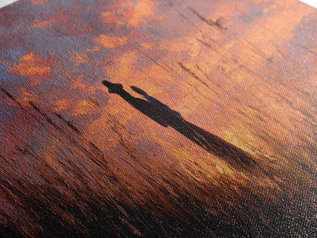 Silhouette Mother Holding Baby At Fiery Sunset Wall Art, Moody Landscape Painting, Gift For Her, Warm Bedroom Decor Canvas Print