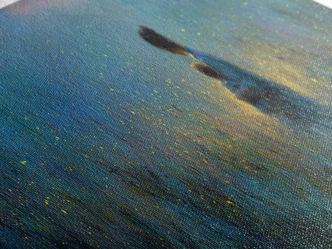 Twilight Mother Holding Baby Among Fireflies Canvas Print, Blue Nursery Wall Art, Calming Cozy Bedroom Decor, Gift For Mom