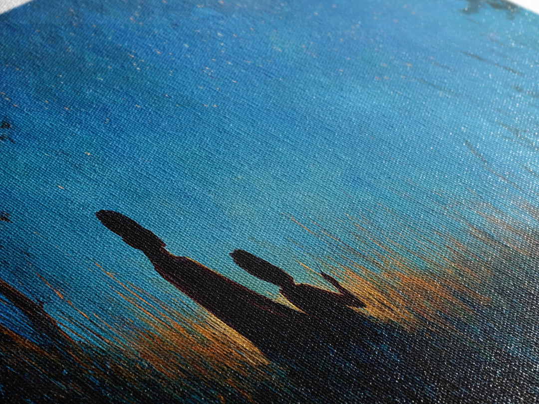 Silhouette Mother And Child Under Stars Wall Art, Moody Blue Night Landscape, Celestial Nursery Decor, Rustic Home Decor