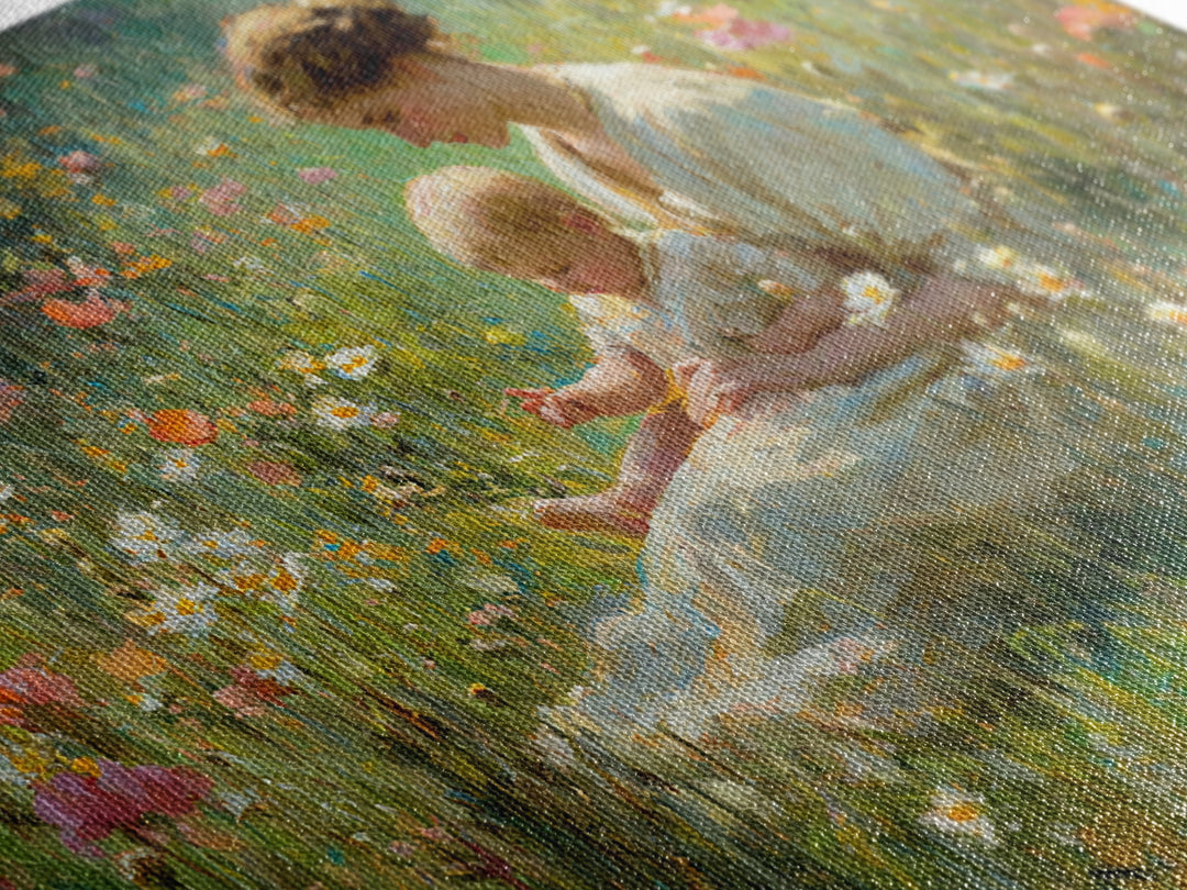 Mother And Baby In Sunlit Wildflower Meadow Canvas Print, Impressionist Floral Wall Art, Nursery Decor And Gift For New Mom