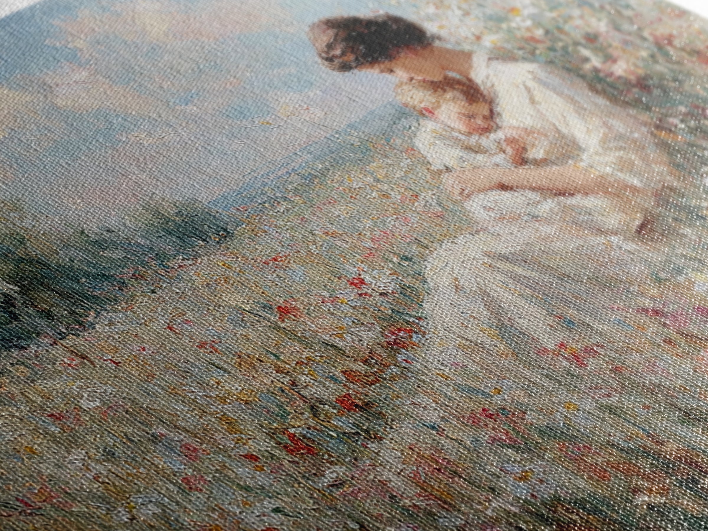 Mother Cradling Baby In Summer Meadow Canvas Print, Floral Wall Art, Impressionist Painting, Nursery Decor, Gift For Mom
