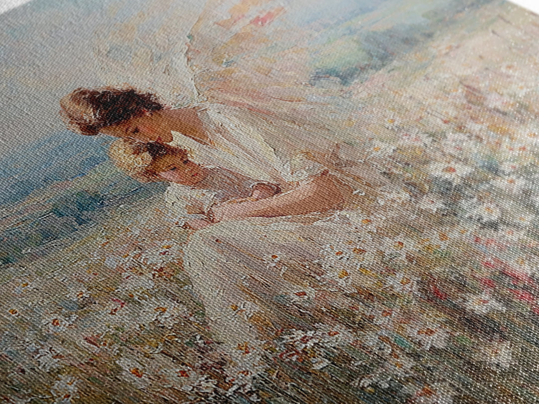 Angel Mother And Child In Wildflower Meadow Wall Art, Serene Religious Nursery Decor, Christian Gift, Fine Art Print, Home Decor
