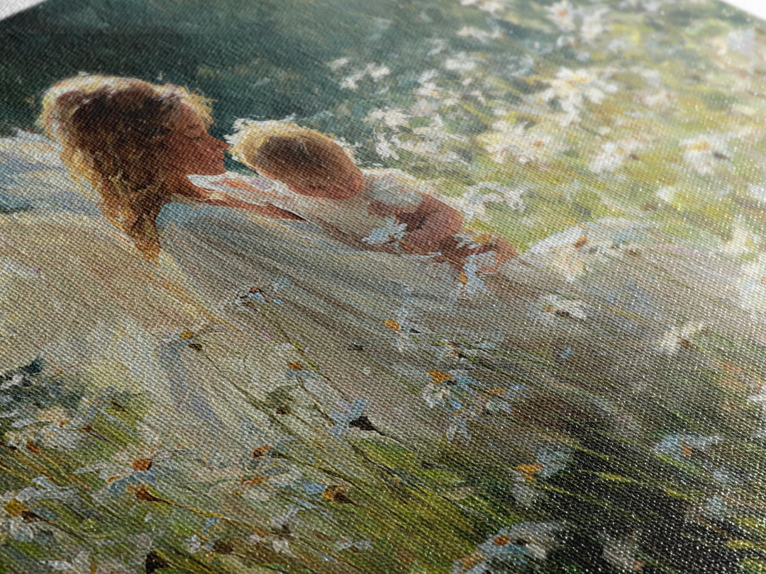 Guardian Angel Cradling Baby In Daisy Meadow Framed Canvas Print, Christian Nursery Wall Decor, Baptism Gift, Home Decor