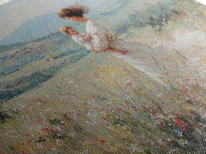 Standing Mother With Baby In Wildflower Valley Canvas Print, Impressionist Floral Landscape, Nursery Decor, Gift For Mom