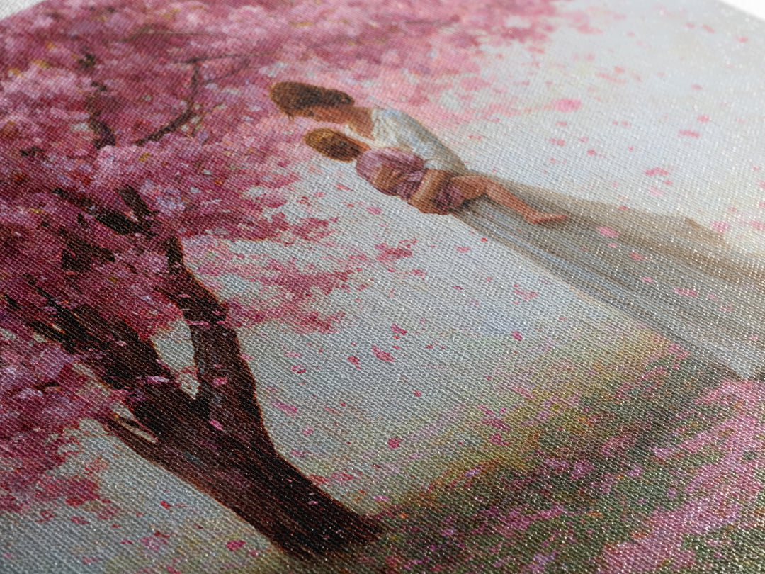 Mother And Child Under Cherry Blossom Tree Framed Canvas Print, Pink Floral Landscape, Romantic Nursery Decor, Gift For Her