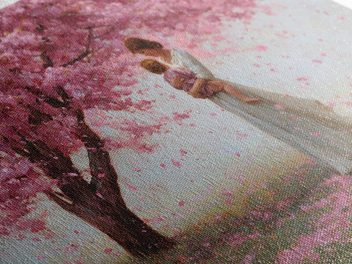 Mother And Child Under Cherry Blossom Tree Framed Canvas Print, Pink Floral Landscape, Romantic Nursery Decor, Gift For Her