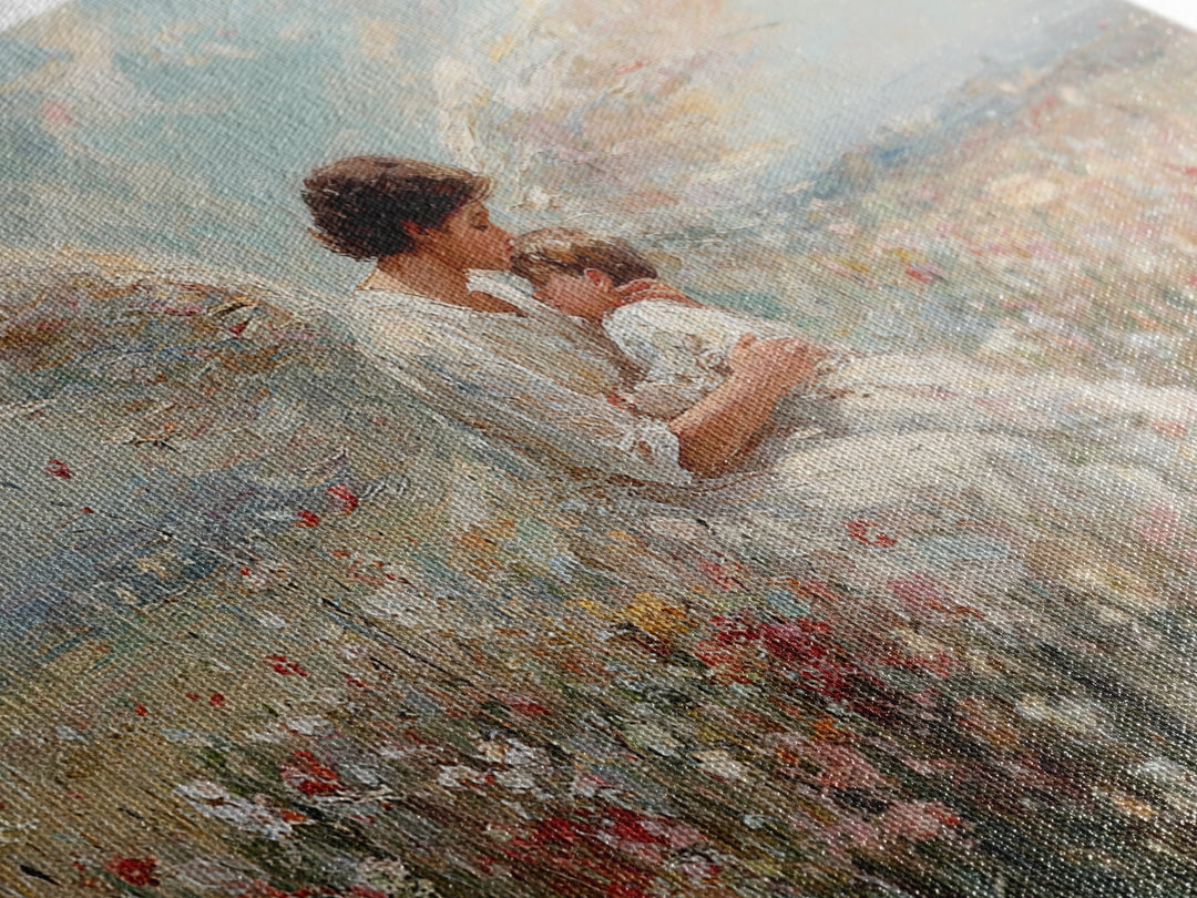 Guardian Angel Holding Baby In Wildflower Field Framed Canvas Print, Christian Wall Art, Nursery Decor, Spiritual Gift Idea