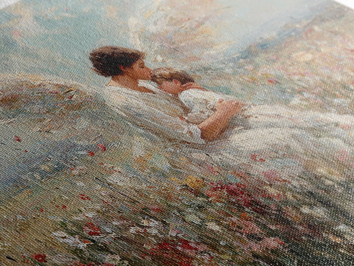 Guardian Angel Holding Baby In Wildflower Field Framed Canvas Print, Christian Wall Art, Nursery Decor, Spiritual Gift Idea