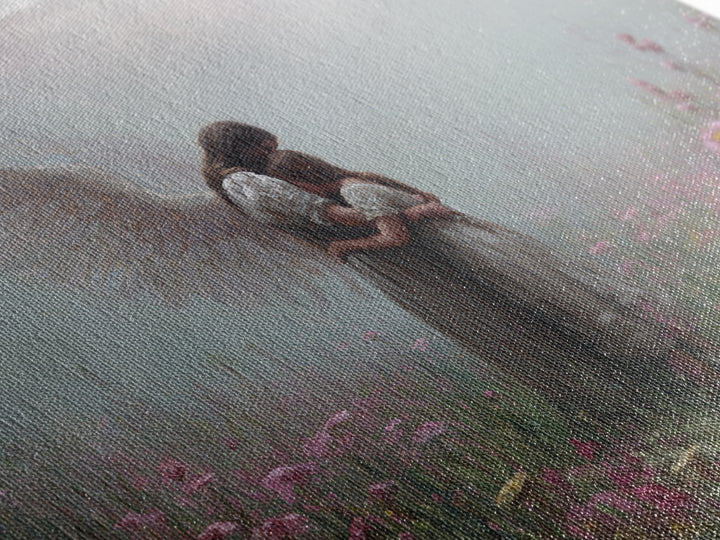 Guardian Angel Hugging Child In Misty Wildflowers Wall Art, Spiritual Nursery Decor, Moody Floral Fine Art Print For Mom