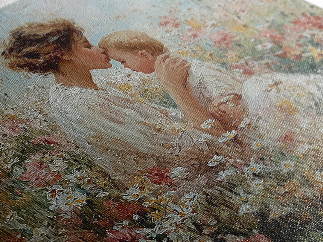 Tender Mother Kissing Baby Among White Daisies Framed Canvas Print, Floral Nursery Wall Art, Spiritual Gift For Mom, Home Decor