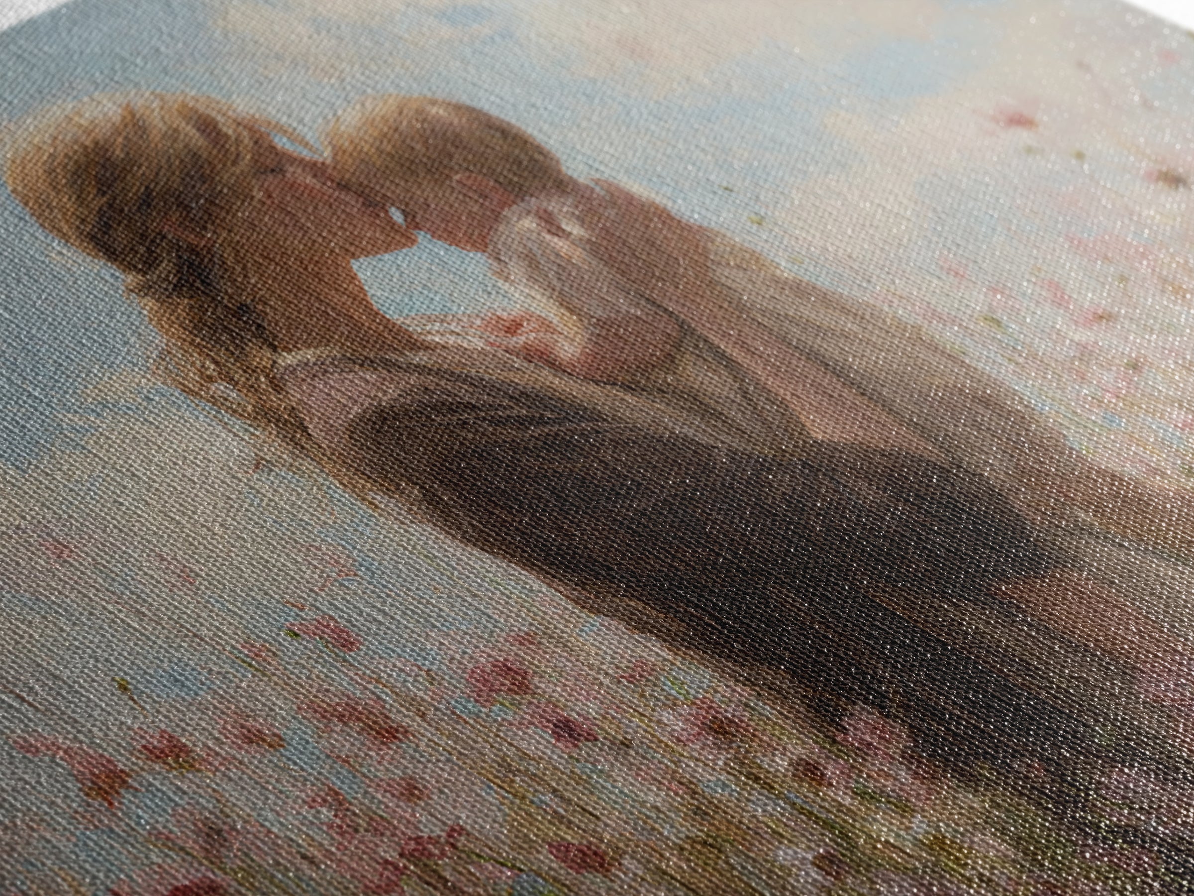 Blonde Mother Kissing Baby In Pink Flower Field Framed Canvas Print, Soft Nursery Wall Art, Mothers Day Gift, Home Decor