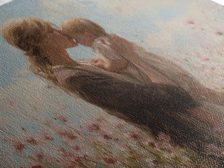 Blonde Mother Kissing Baby In Pink Flower Field Framed Canvas Print, Soft Nursery Wall Art, Mothers Day Gift, Home Decor