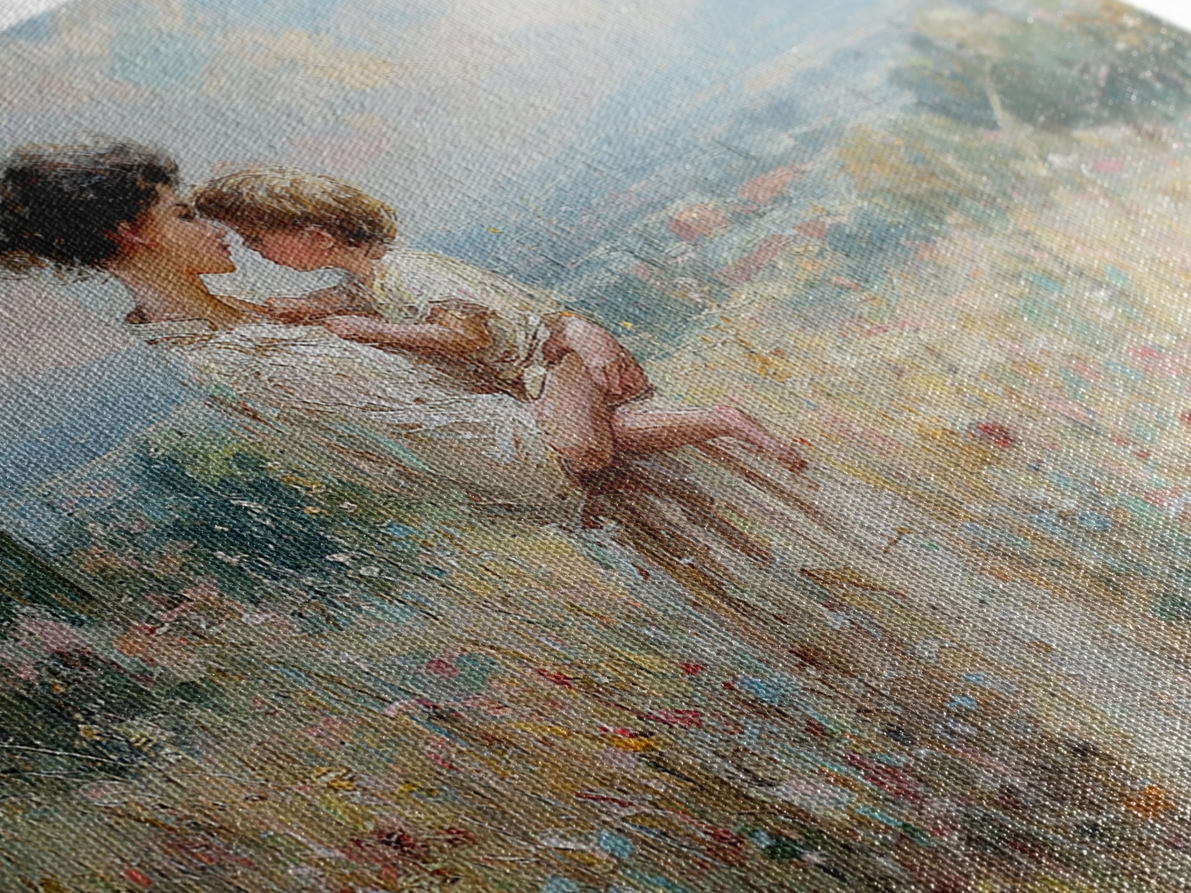 Mother And Child In Wildflower Hills Wall Art, Impressionist Oil Painting Print, Floral Wall Decor, Living Room Art, Gift For Mom