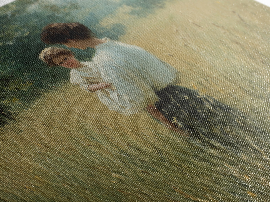 Mother Holding Child In Summer Field Framed Canvas Print, Impressionist Oil Painting, Rustic Wall Art, Farmhouse Home Decor