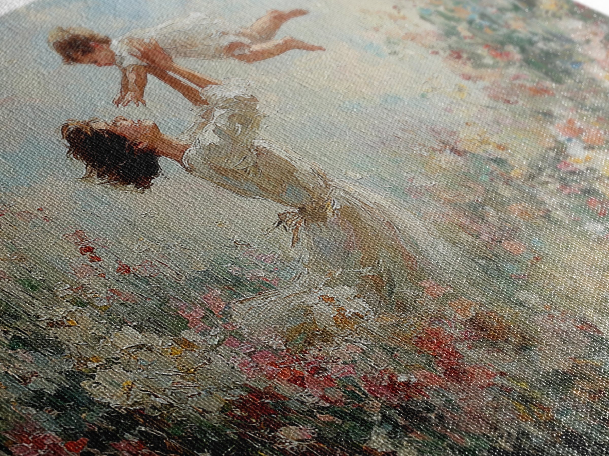 Mother Lifting Baby In Blooming Garden Wall Art, Joyful Impressionist Oil Painting Print, Floral Nursery Decor, Gift For Mom