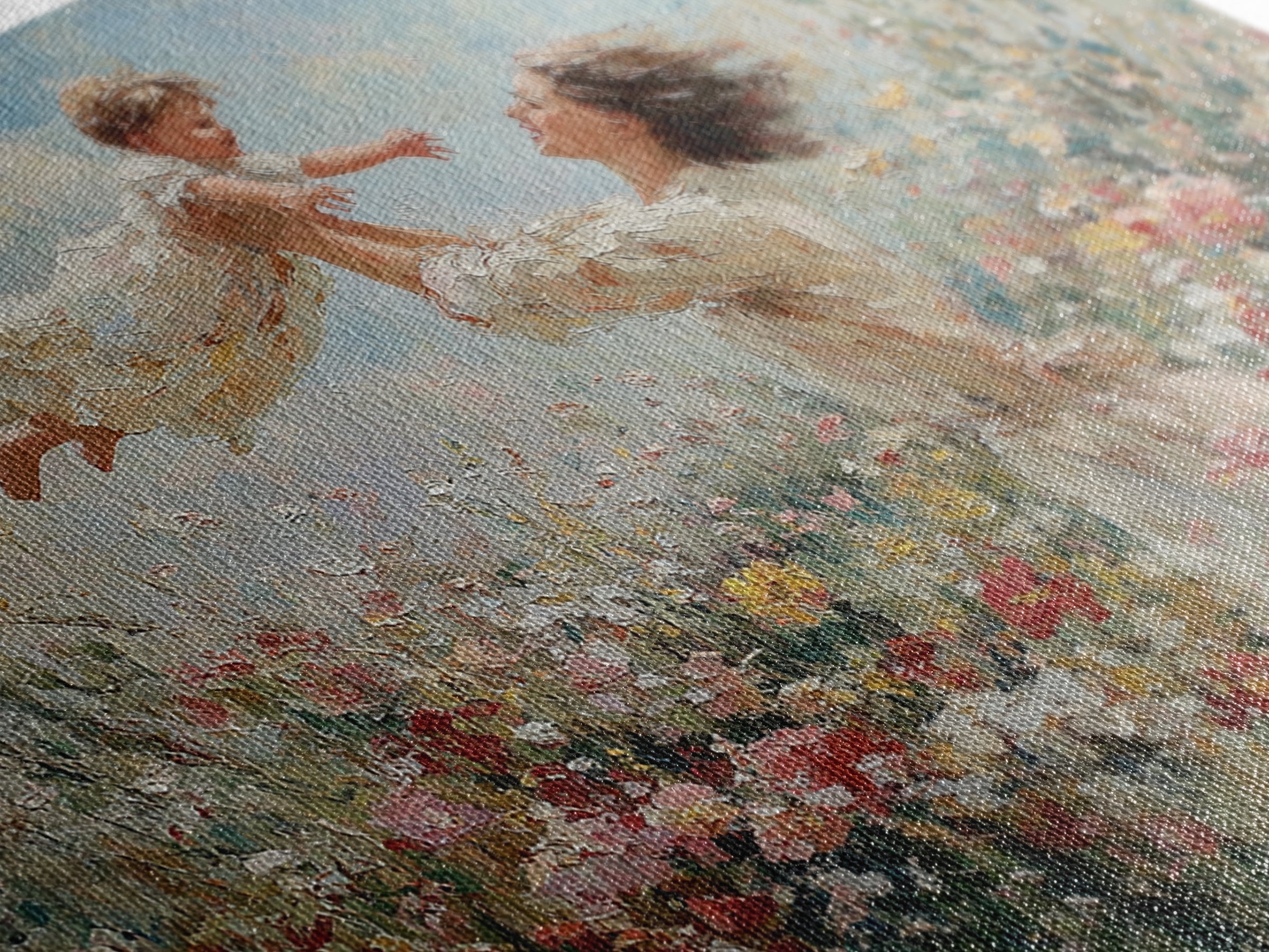 Mother Lifting Child Above Wildflowers Wall Art, Impressionist Oil Painting Print, Floral Nursery Decor, Living Room Decor, Gift For Mom