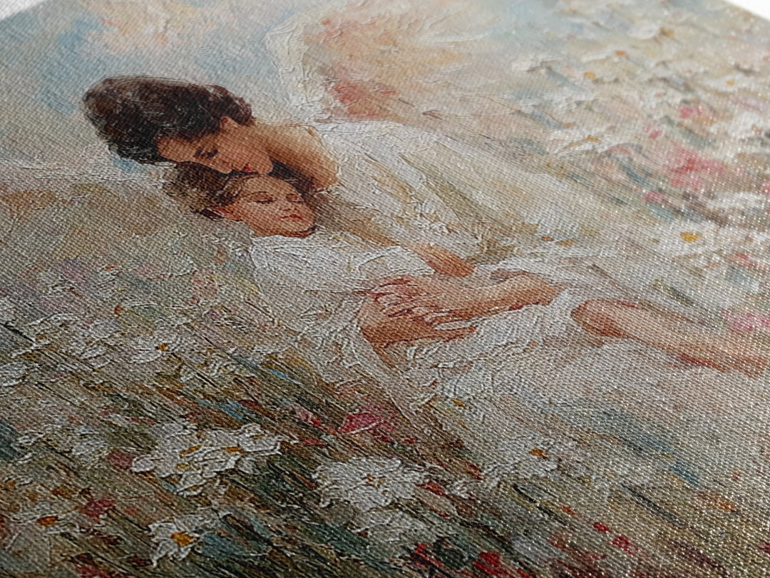 Textured Guardian Angel With Sleeping Child In Daisy Meadow Framed Canvas Print, Christian Wall Art, Nursery Decor, Gift