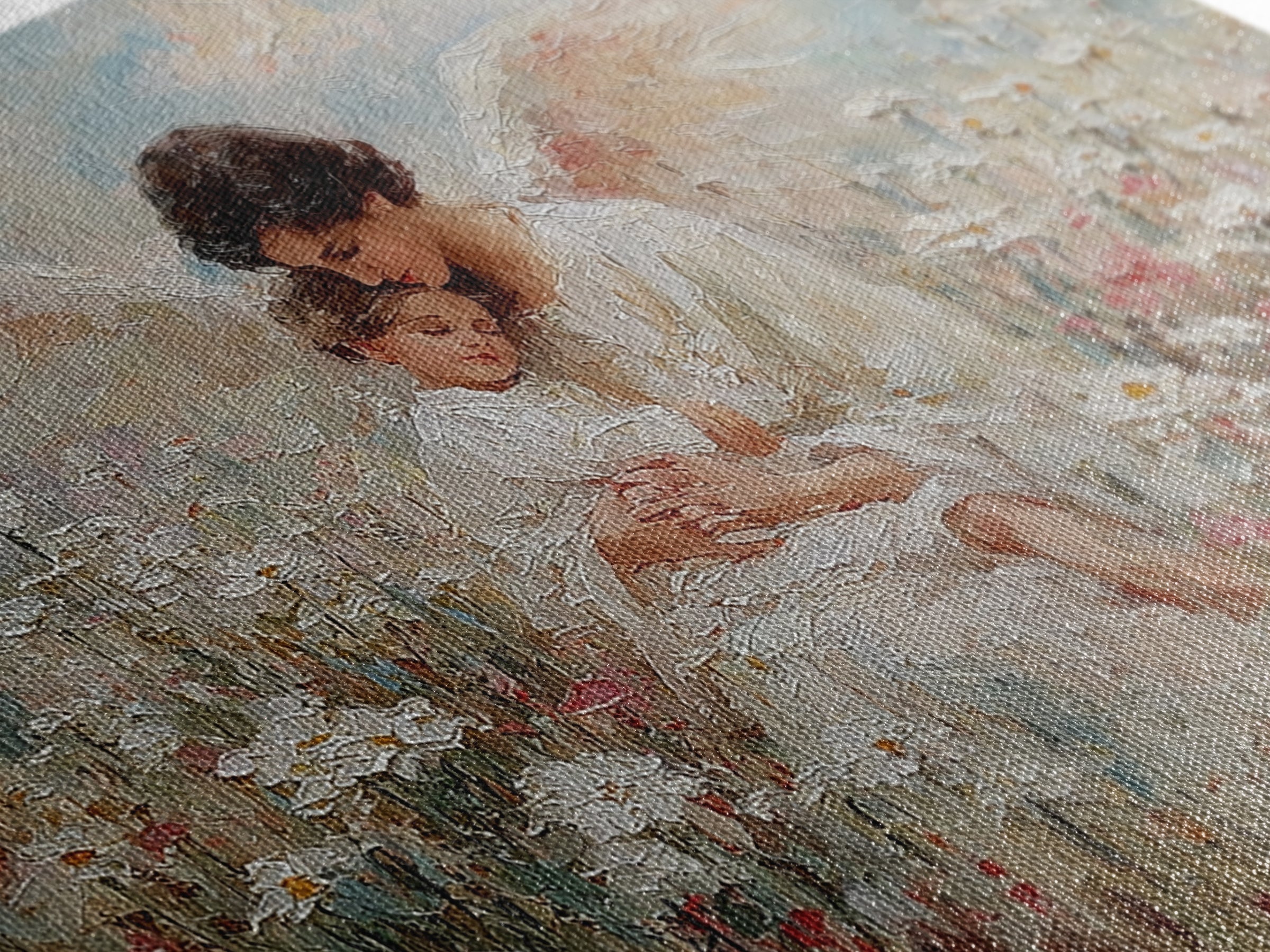 Textured Guardian Angel With Sleeping Child In Daisy Meadow Framed Canvas Print, Christian Wall Art, Nursery Decor, Gift