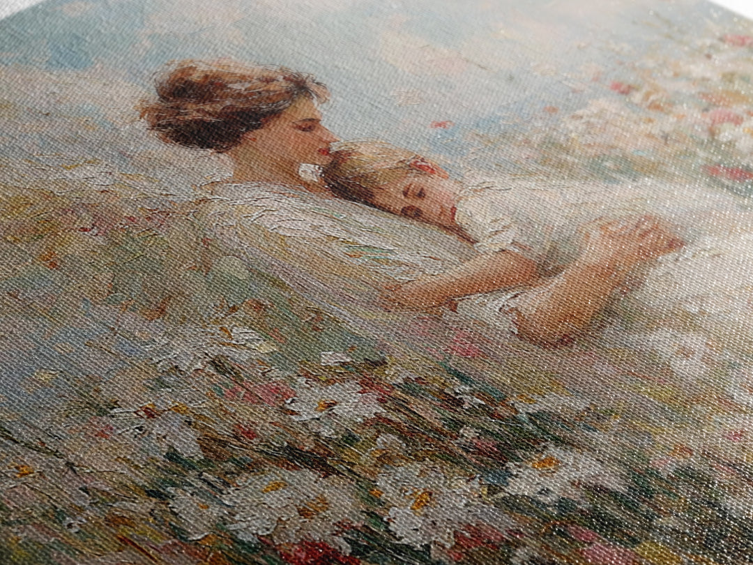Sunlit Guardian Angel Embracing Child In Wildflower Meadow Canvas Print, Christian Wall Art, Motherhood Gift, Nursery Decor