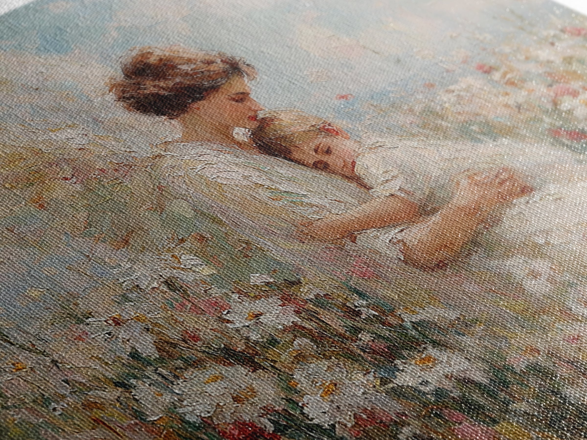 Sunlit Guardian Angel Embracing Child In Wildflower Meadow Canvas Print, Christian Wall Art, Motherhood Gift, Nursery Decor