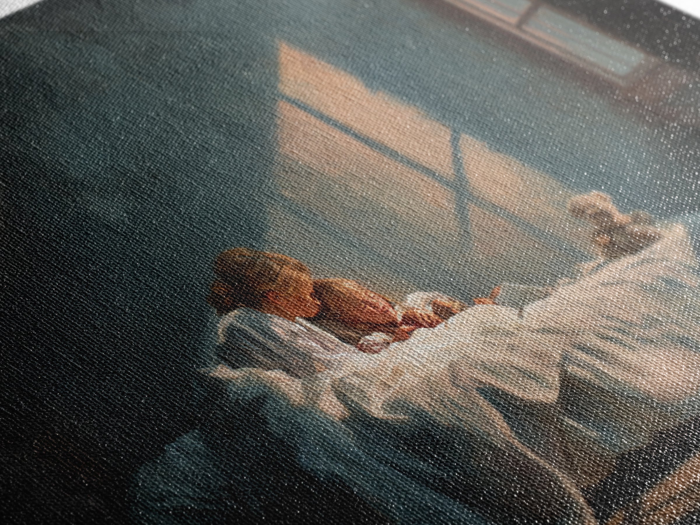Bedtime Mother And Child In Moonlit Bedroom Framed Canvas Print, Nursery Wall Art, Cozy Home Decor, Mothers Day Gift, Bedroom Decor