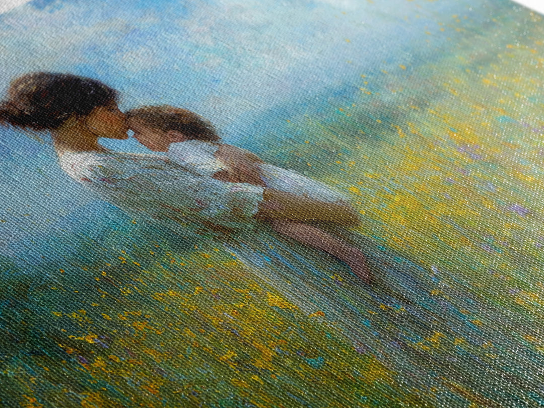 Tender Mother And Baby In Blue Meadow Wall Art, Impressionist Oil Painting, Nursery Decor, Mothers Day Gift, Fine Art Print