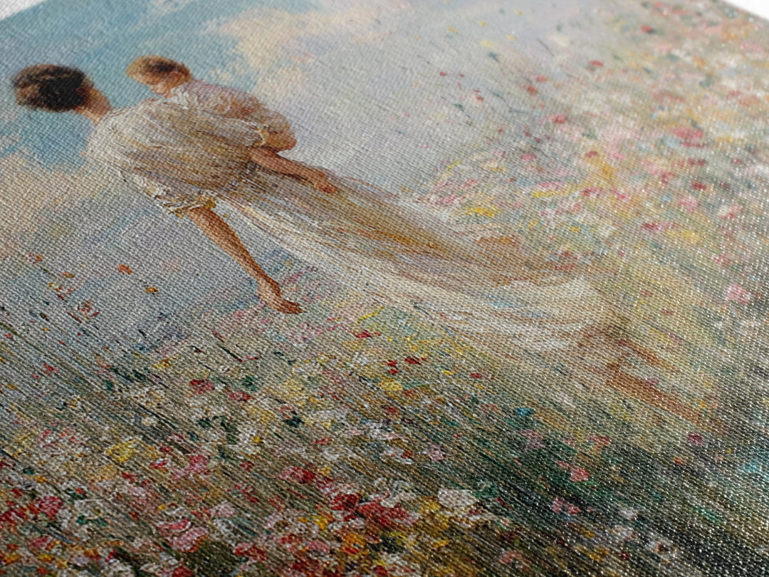 Mother Walking With Baby Through Wildflower Meadow Framed Canvas Print, Impressionist Landscape Wall Art, Nursery Decor, Gift For Mom