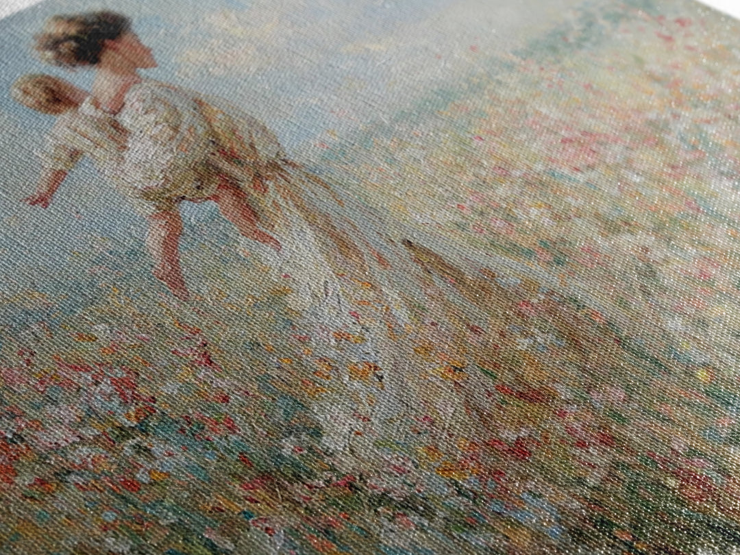 Mother Carrying Child Across Breezy Wildflower Field Wall Art, Impressionist Floral Landscape Canvas Print, Gift For Mom