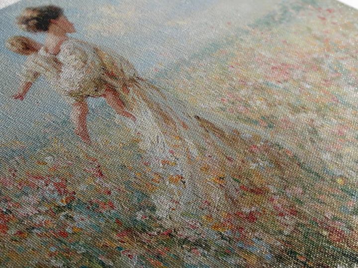 Mother Carrying Child Across Breezy Wildflower Field Wall Art, Impressionist Floral Landscape Canvas Print, Gift For Mom