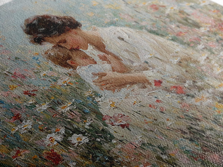 Seated Mother Cuddling Baby In Flower Field Wall Art, Impressionist Oil Painting Print, Feminine Nursery Decor, Gift For Mom