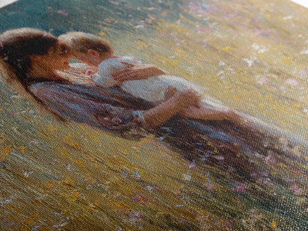 Sunlit Mother Holding Baby In Golden Meadow Framed Canvas Print, Impressionist Floral Painting, Nursery Wall Art, Gift For Her