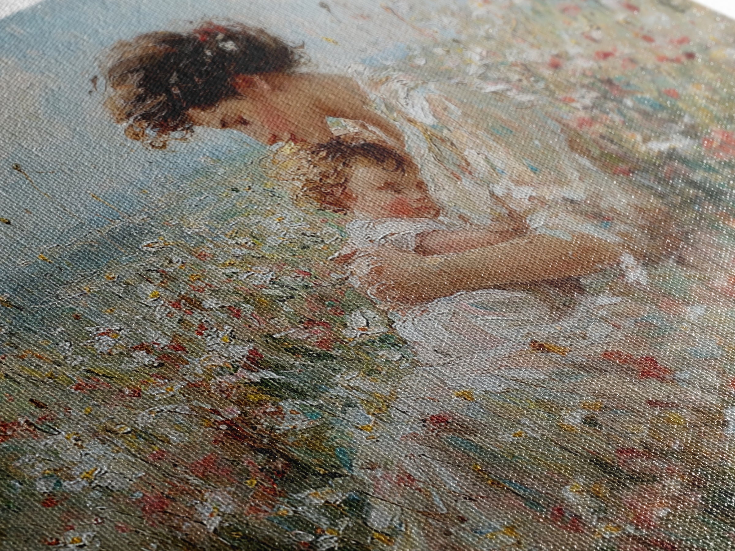 Mother Cradling Sleeping Child In Wildflowers Wall Art, Impressionist Floral Oil Painting, Nursery Decor, Gift For Her, Bedroom Decor