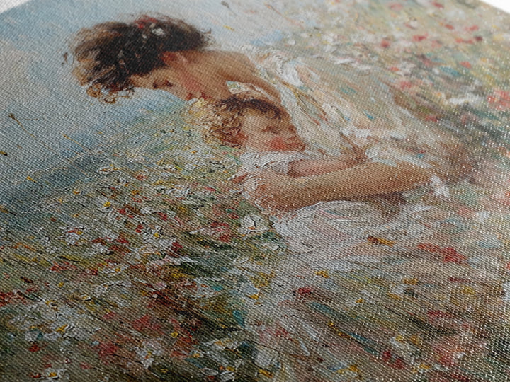 Mother Cradling Sleeping Child In Wildflowers Wall Art, Impressionist Floral Oil Painting, Nursery Decor, Gift For Her, Bedroom Decor