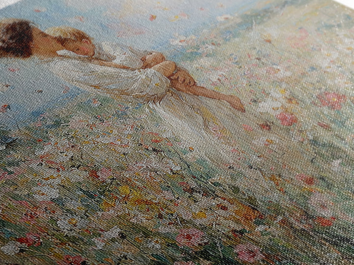 Standing Mother With Toddler In Flower Meadow Framed Canvas Print, Impressionist Landscape Painting, Nursery Wall Art, Gift For Mom