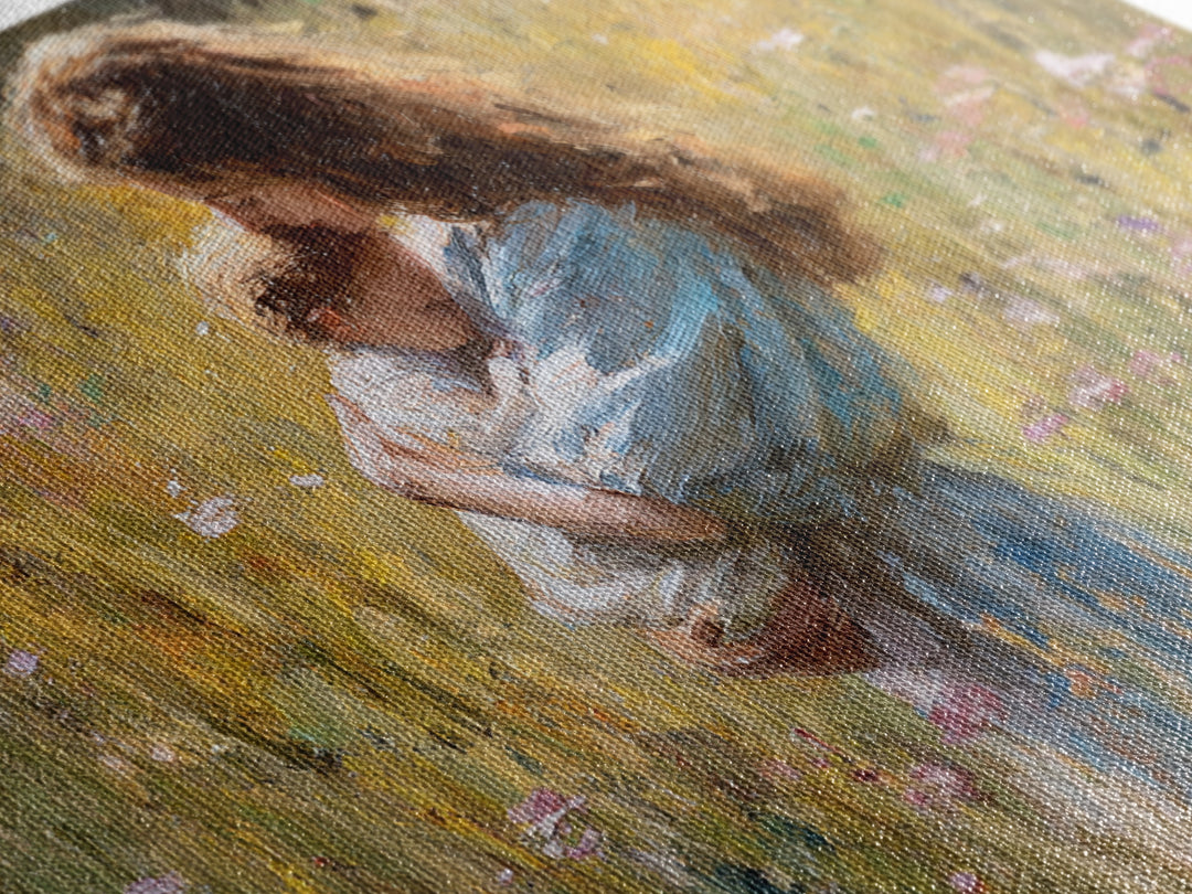 Long Haired Mother Cradling Baby In Wildflower Field Canvas Print, Impressionist Oil Painting, Feminine Wall Decor, Gift For Her