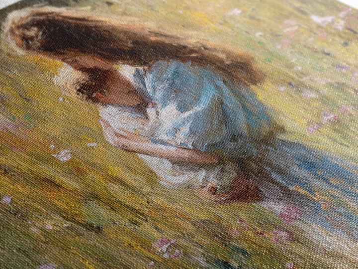 Long Haired Mother Cradling Baby In Wildflower Field Canvas Print, Impressionist Oil Painting, Feminine Wall Decor, Gift For Her