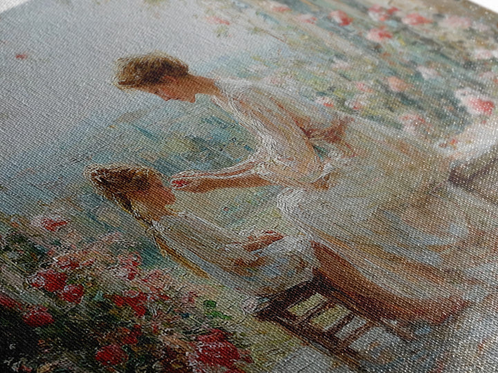 Mother And Daughter Garden Terrace Wall Art, Floral Impressionist Canvas, Nursery Decor, Gift For Mom, Bedroom Wall Decor