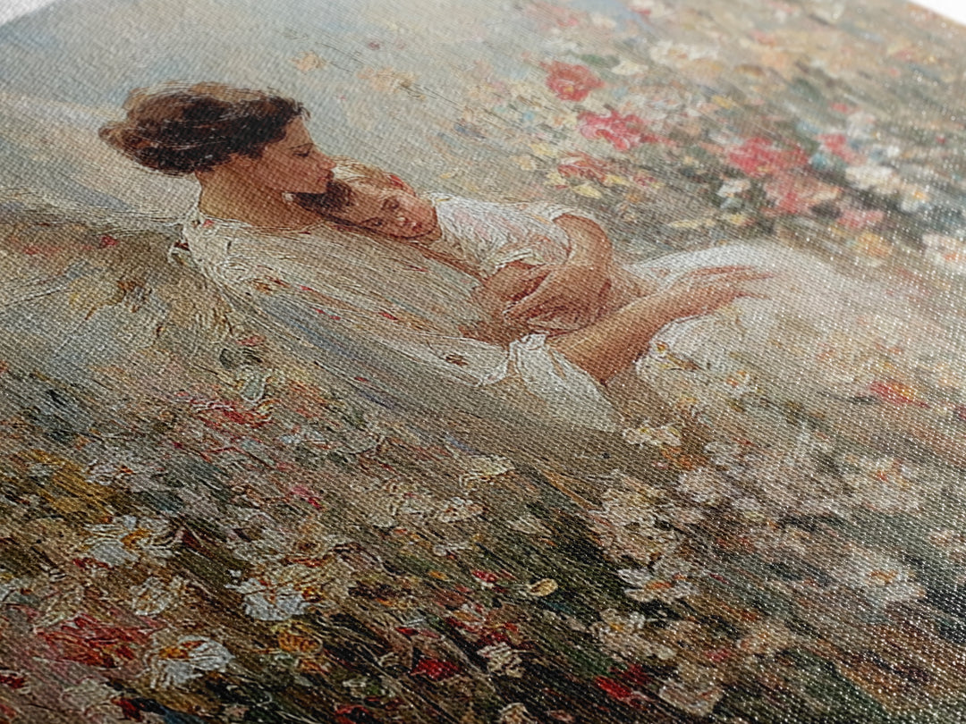 Guardian Angel Holding Baby Framed Canvas Print, Floral Meadow Wall Art, Christian Nursery Decor, Baptism Gift For Mom, Newborn Gift