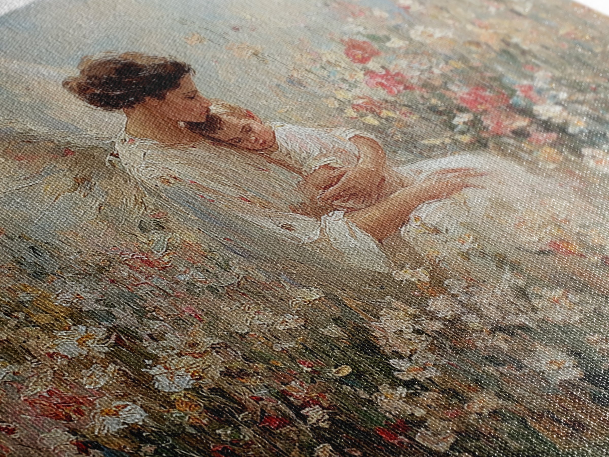 Guardian Angel Holding Baby Framed Canvas Print, Floral Meadow Wall Art, Christian Nursery Decor, Baptism Gift For Mom, Newborn Gift